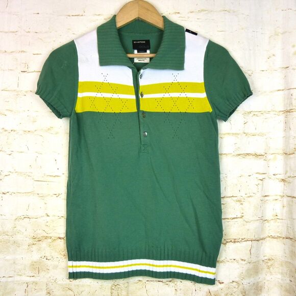 Energie Gold Miss Sixty Polo Shirt Women S Green Argyle Golf Italy Y2K VTG FLAWS - Picture 2 of 14